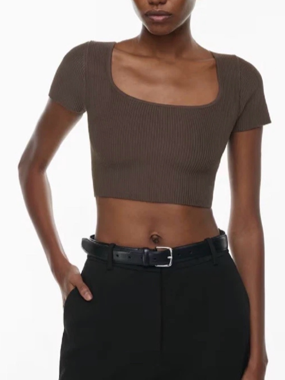 Aritzia Babaton Sculpt Knit Squareneck Cropped Ribbed Top Brown XXS 90s Chic Y2K